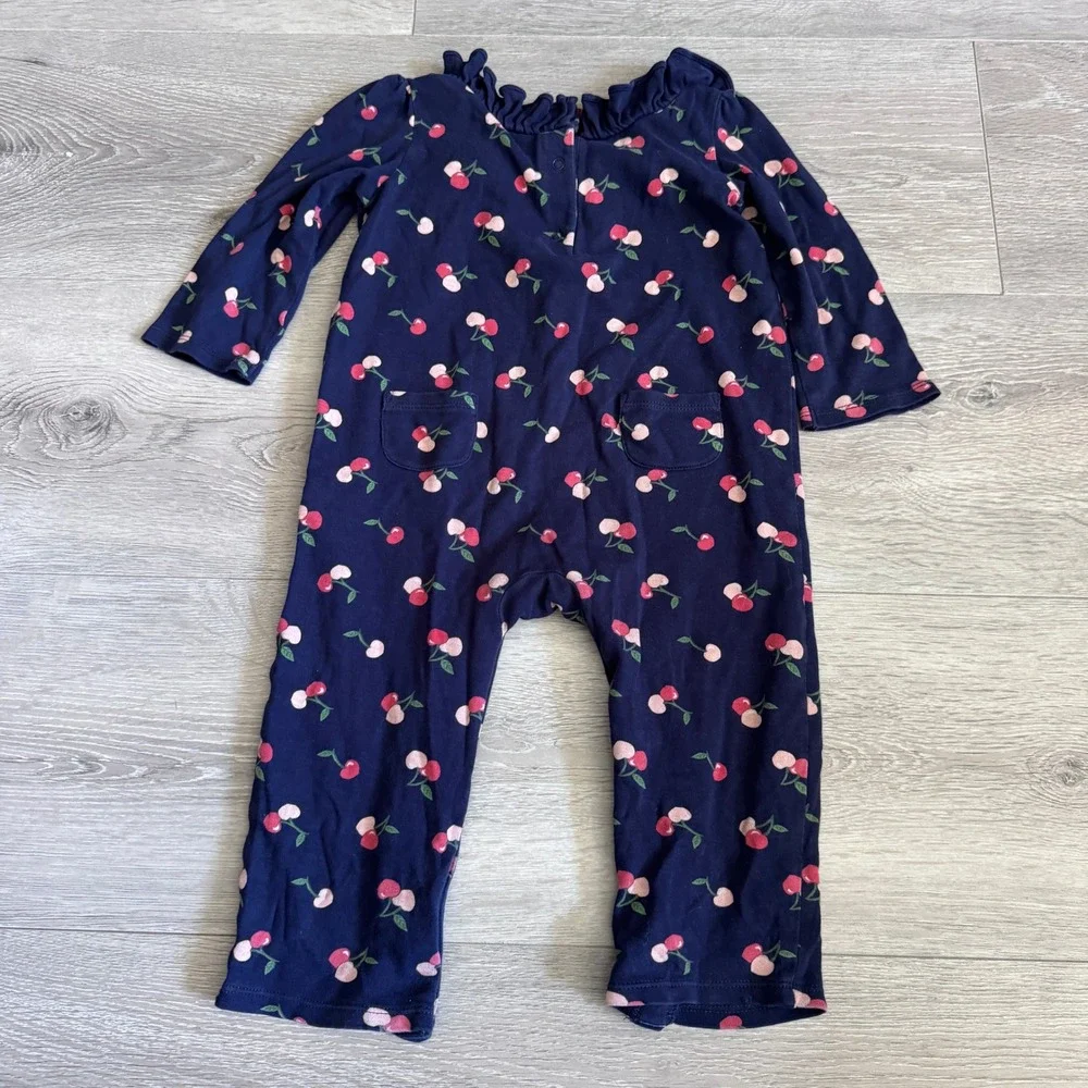 Janie and Jack Girls Navy Blue Cherry Print Ruffle Romper 18-24 Months